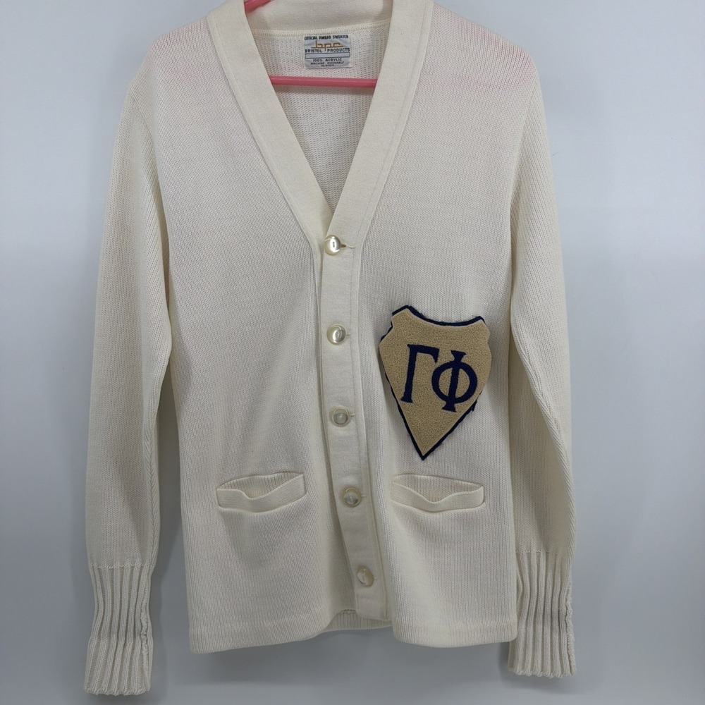 VTG Gamma Phi 1950s V-neck Cardigan Sweater Thick Knit Cream 4 Button No Size